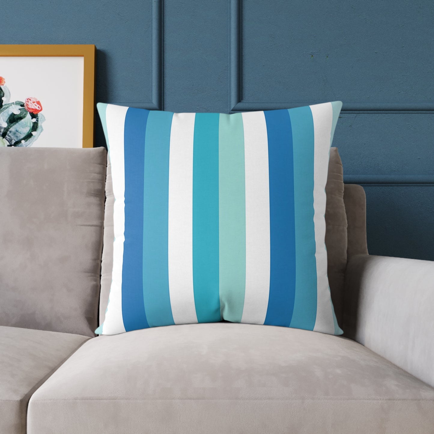 Blue Teal White Vertical Stripes Pillow | Square Pillow