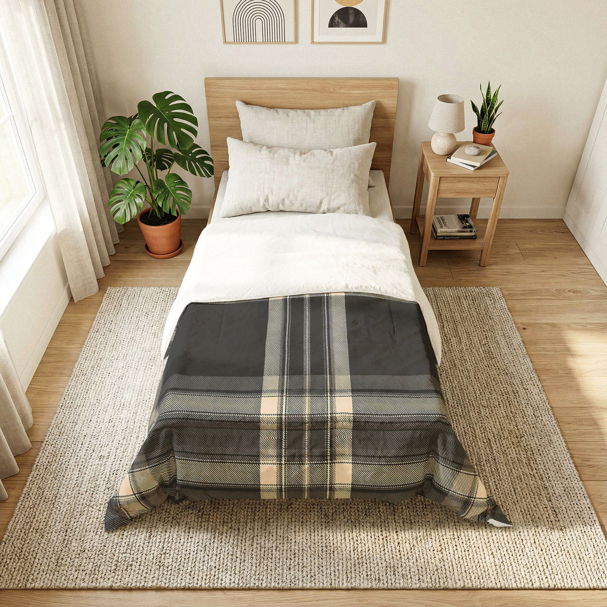 Black Beige Plaid Cotton Comforter | Neutral Check Bedding