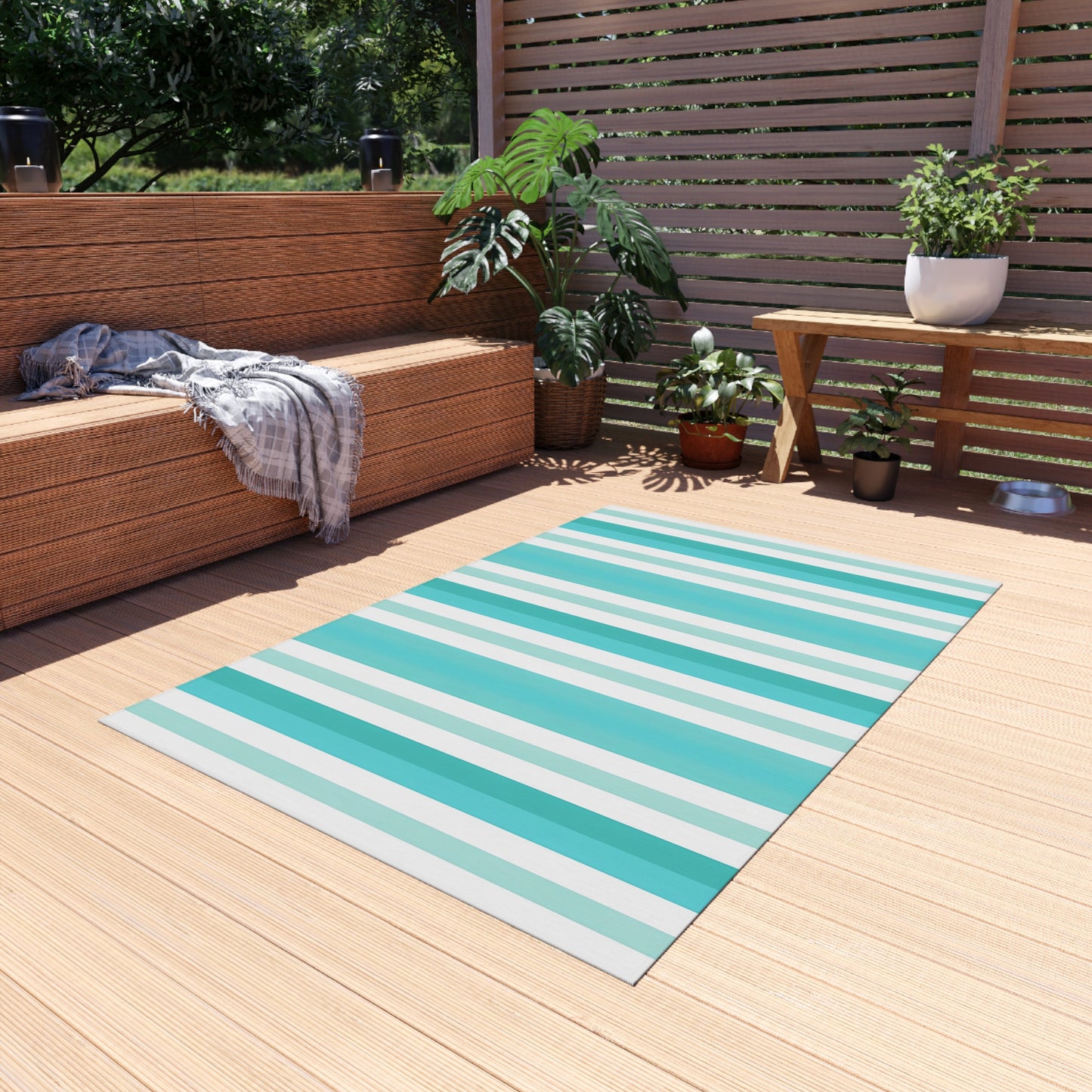 Teal Stripe Outdoor/Indoor Rug | Blue White Striped Patio Mat