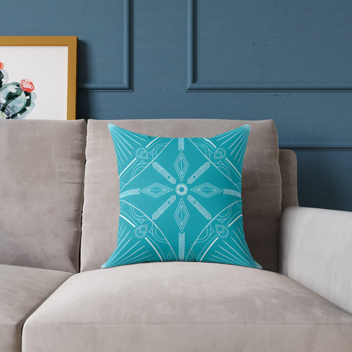 Turquoise White Geometric Mandala Square Pillow | Turquoise Decorative Cushion