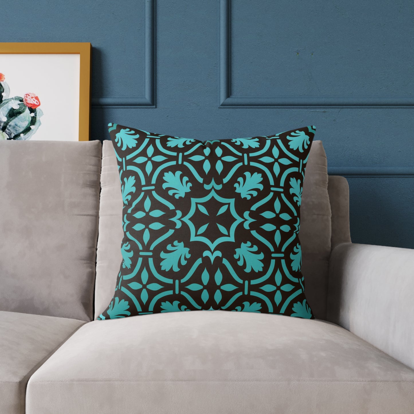 Teal Black Moroccan Tile Square Pillow | Poly Canvas Decorative Pillow