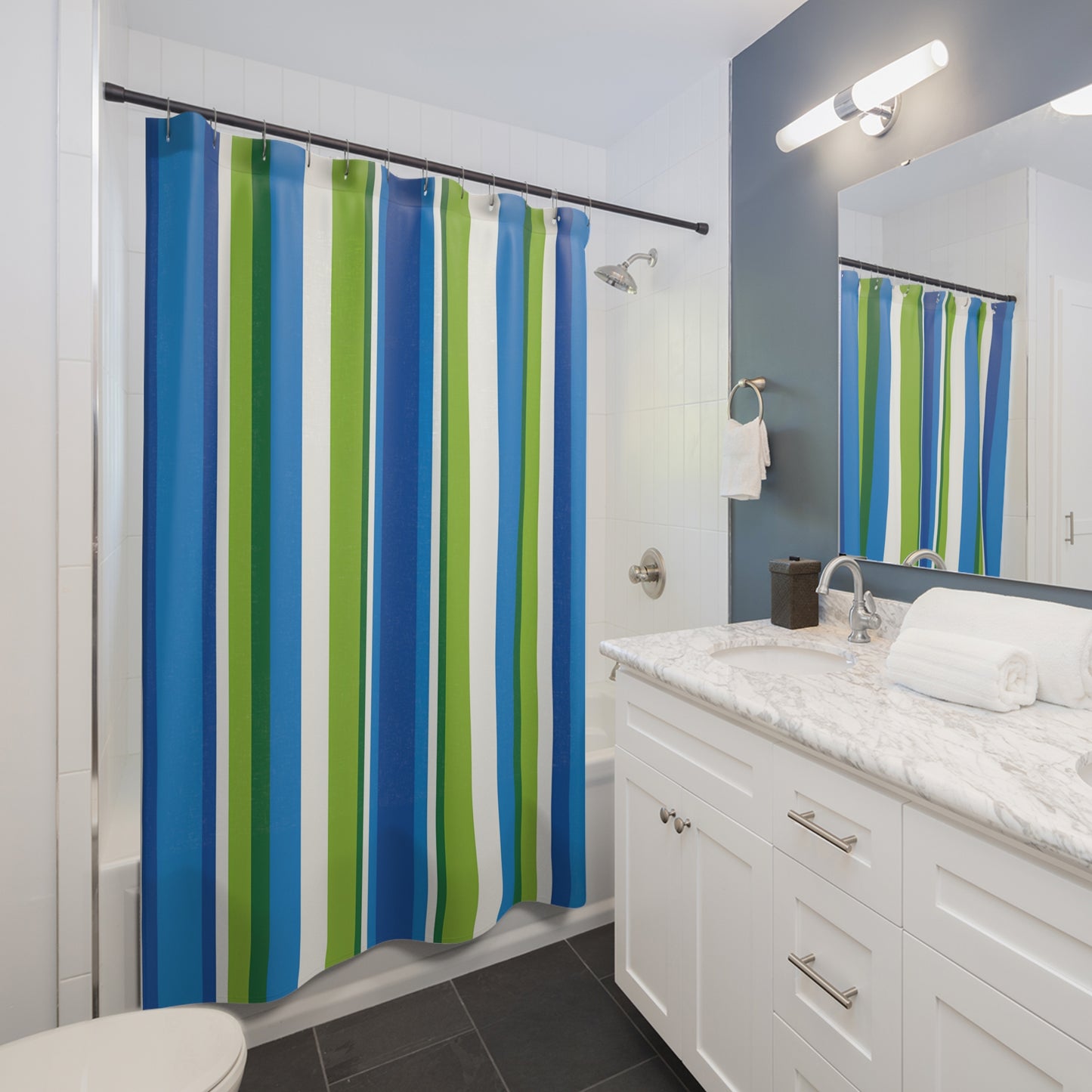 Blue Green Striped Shower Curtain | Coastal Bathroom Stripe Pattern