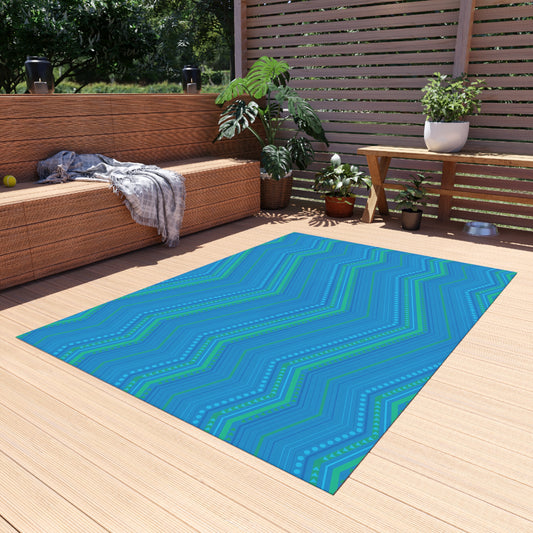 Blue Green Chevron Pattern Outdoor/Indoor Rug | Striped Zigzag Patio Mat