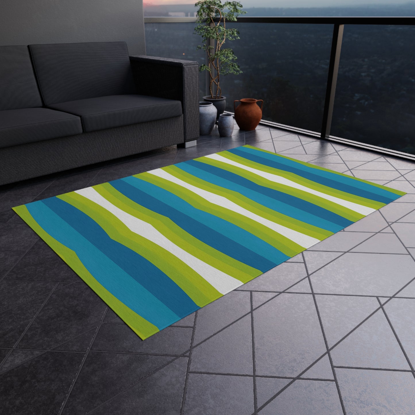 Blue Green White Wave Stripe Outdoor Rug | Patio Mat