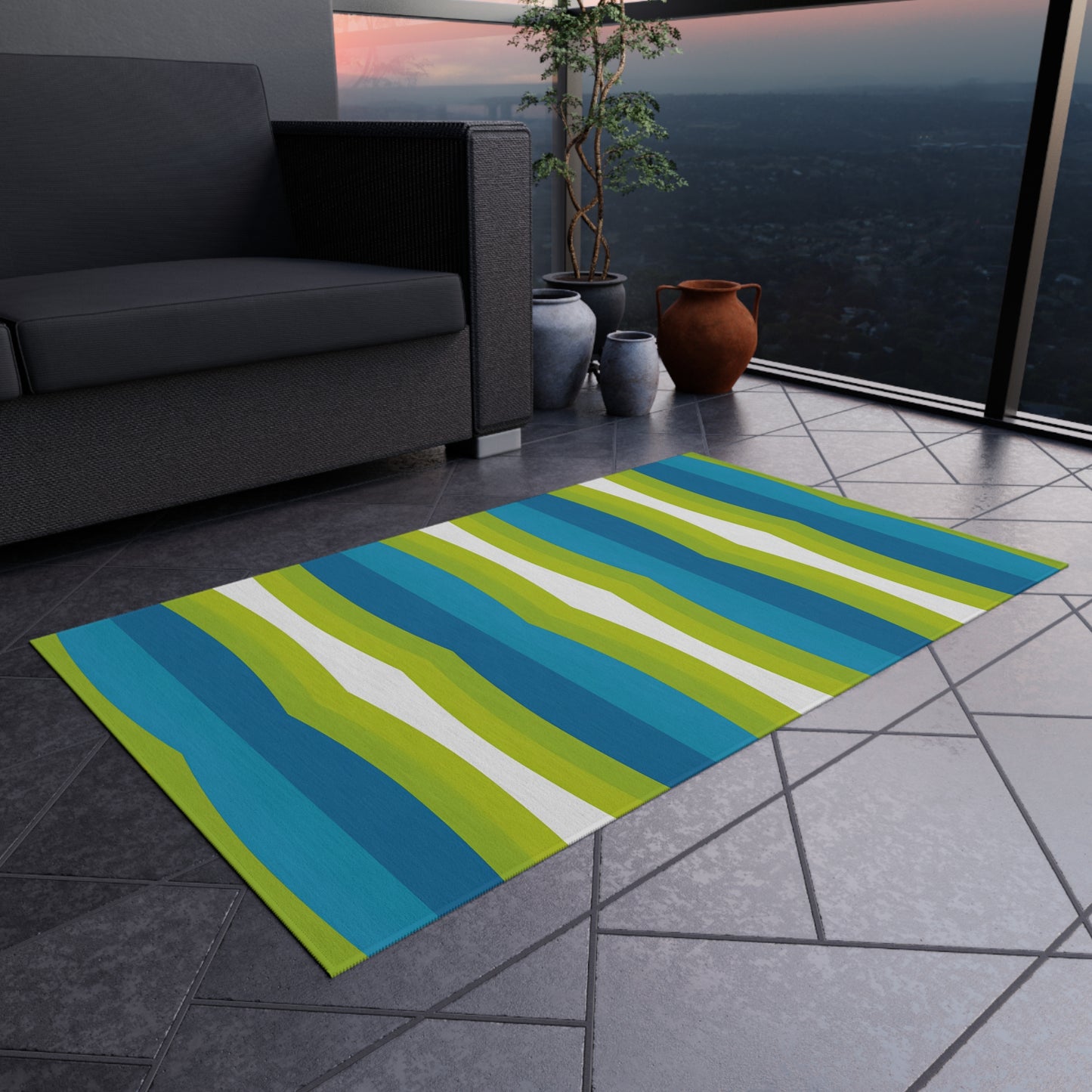 Blue Green White Wave Stripe Outdoor Rug | Patio Mat