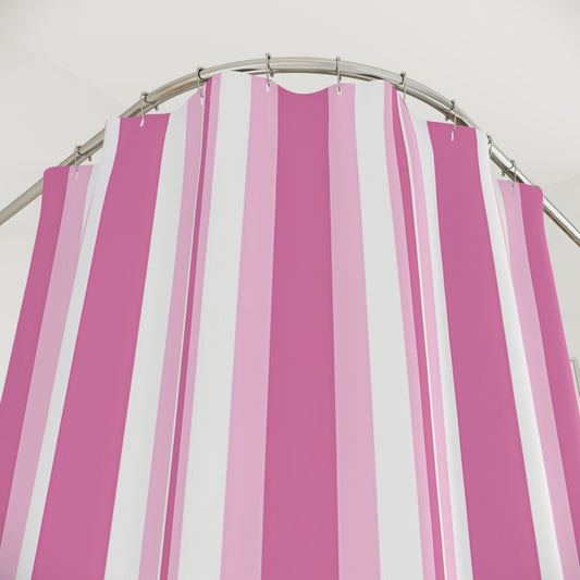 Pink Vertical Stripe Shower Curtain | Pink White Striped Bathroom Curtain
