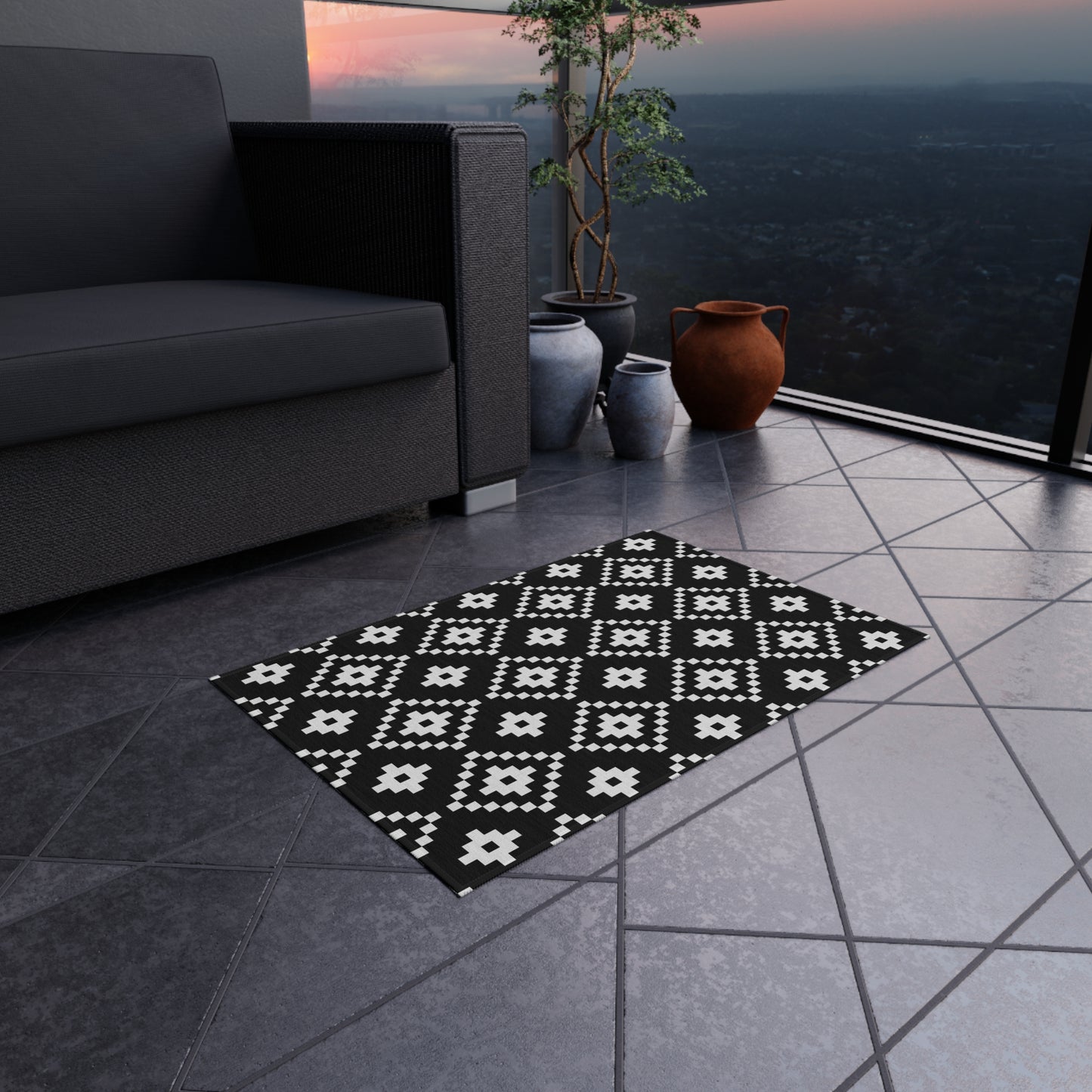 Black White Aztec Diamond Outdoor/Indoor Rug | Geometric Patio Mat