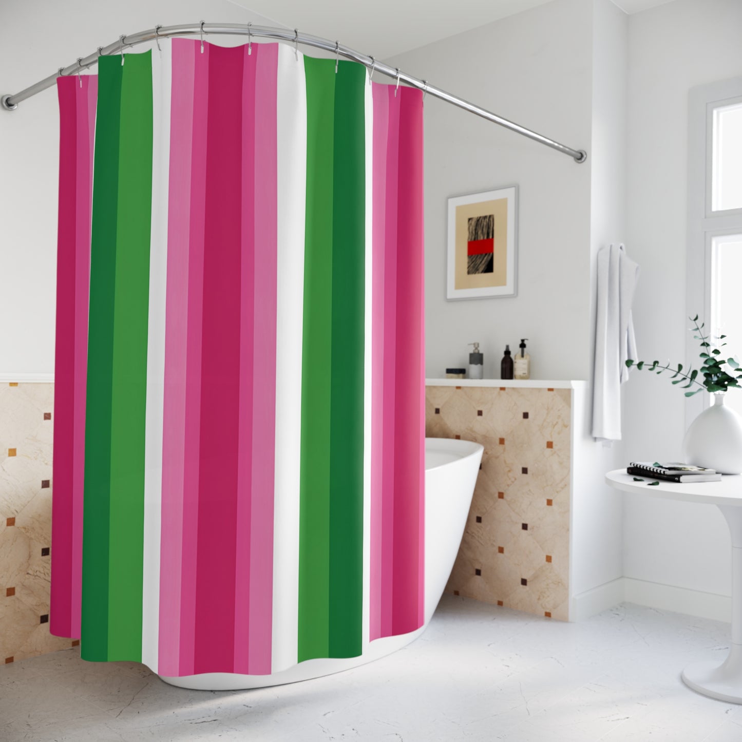 Pink and Green Vertical Stripe Shower Curtain | Bold Candy Stripe Bathroom