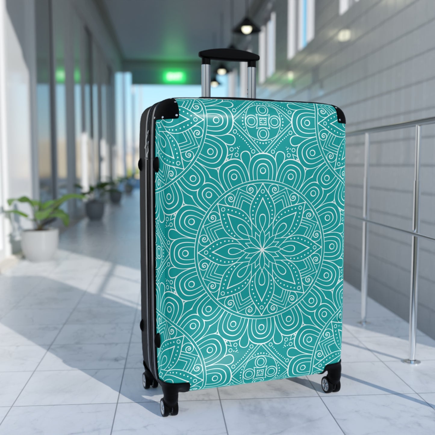 Teal White Mandala Pattern Suitcase | Decorative Luggage