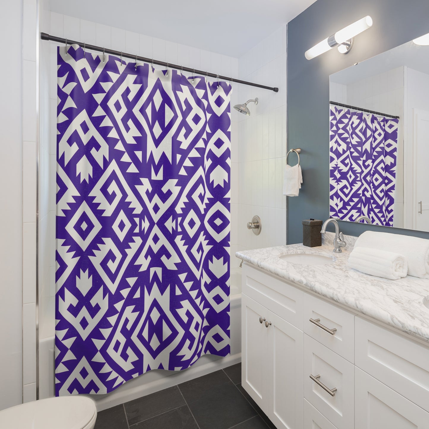 Geometric Boho Tribal Pattern Shower Curtain | Purple White Aztec Bathroom Decor