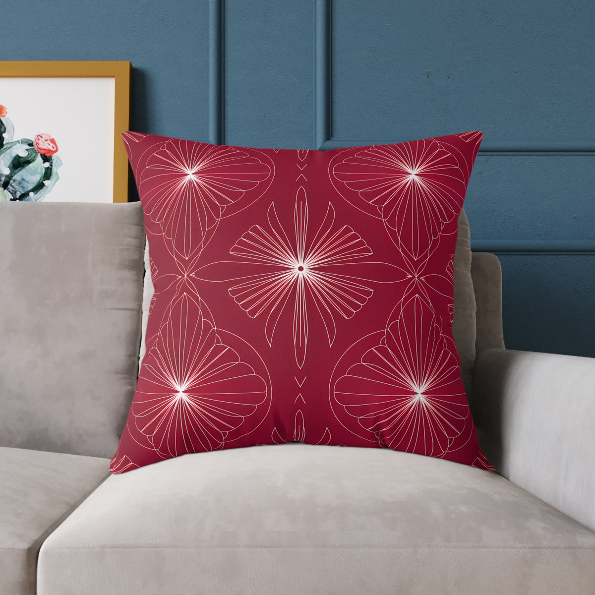 Starburst Floral Pattern Square Pillow | Red Geometric Throw Cushion