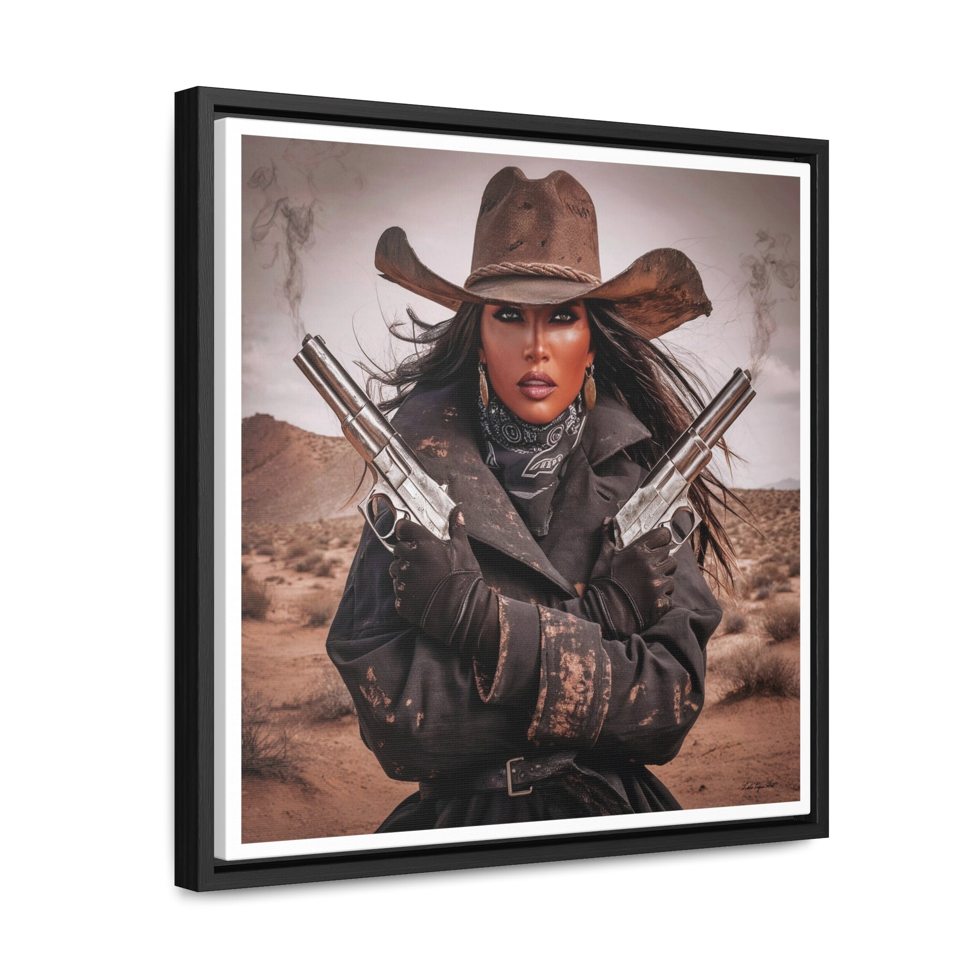 Southwestern Outlaw Queen Square Canvas Wall Art, Female Portrait, Desert Home Decor, Tough Woman in the Desert, Gallery Canvas Wraps, - LOLA VEGAS ART