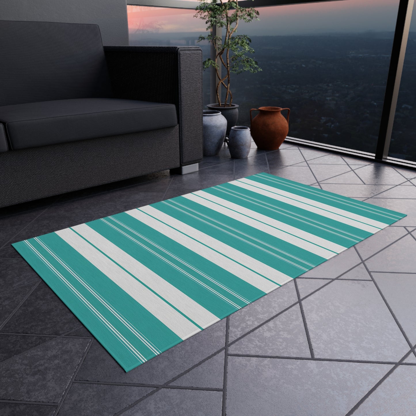 Teal White Stripe Outdoor/Indoor Rug | Patio Deck Mat