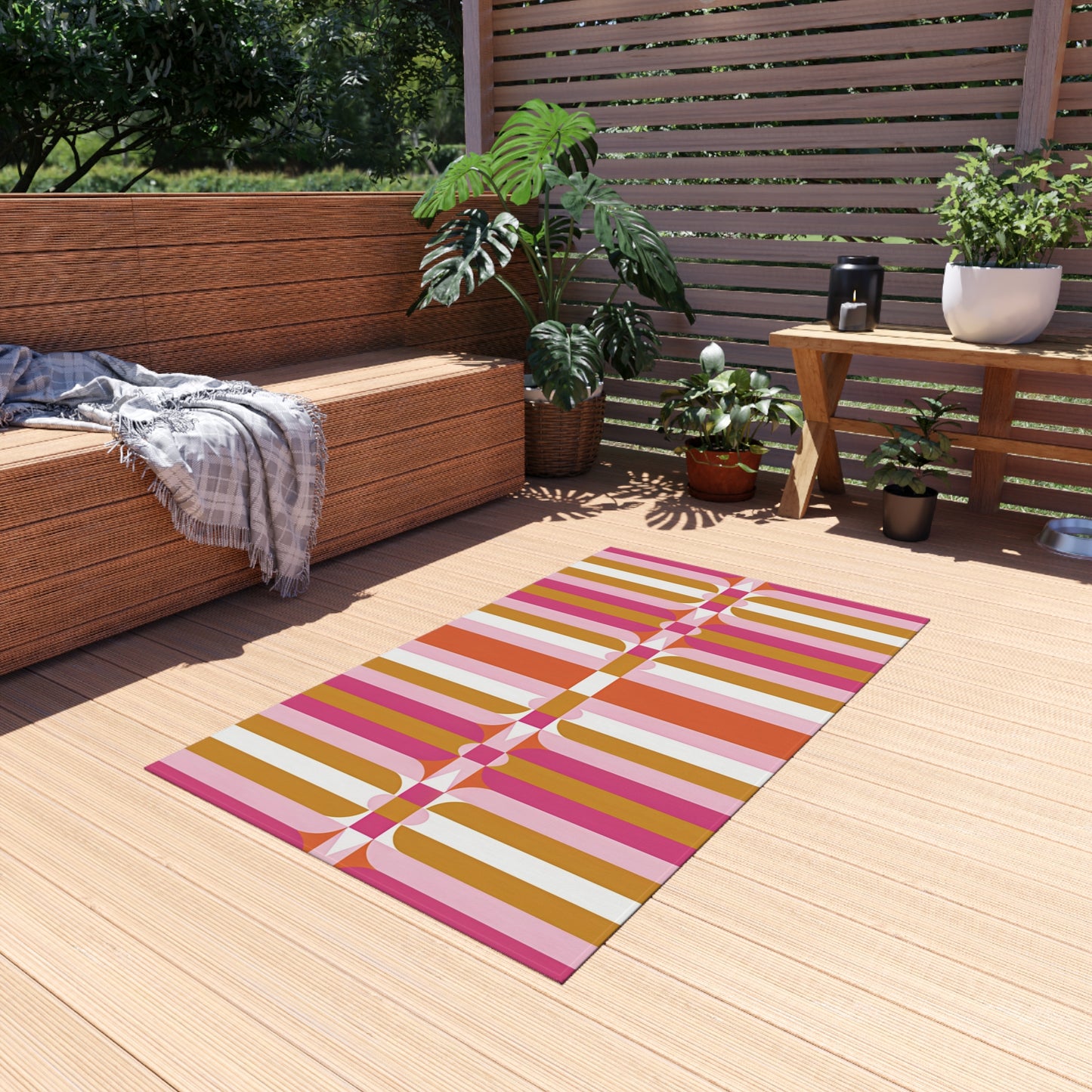 Retro Geometric Stripes Outdoor Rug | Pink Orange Mustard