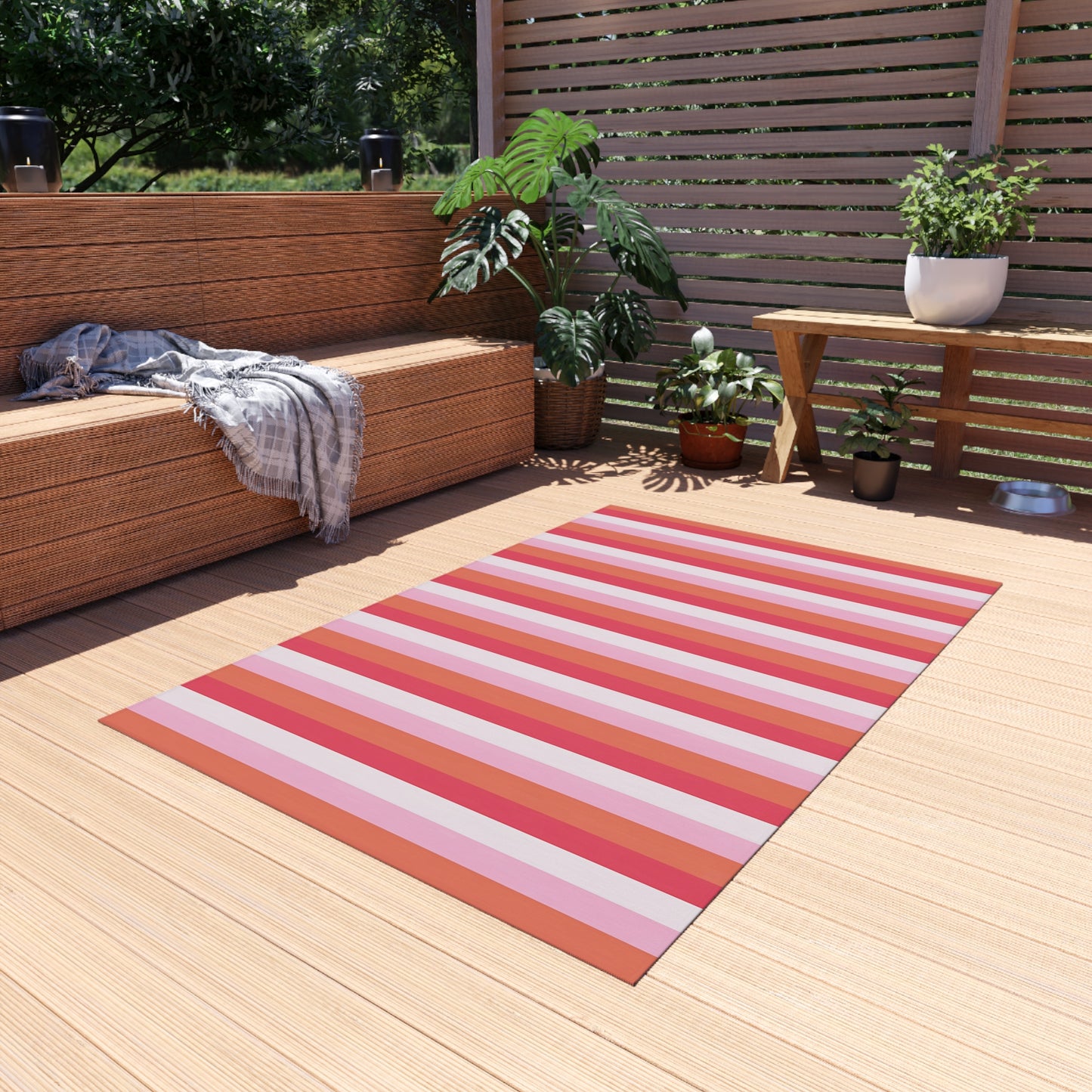 Pink Red Orange White Striped Outdoor/Indoor Rug | Patio Mat, Waterproof Deck Rug