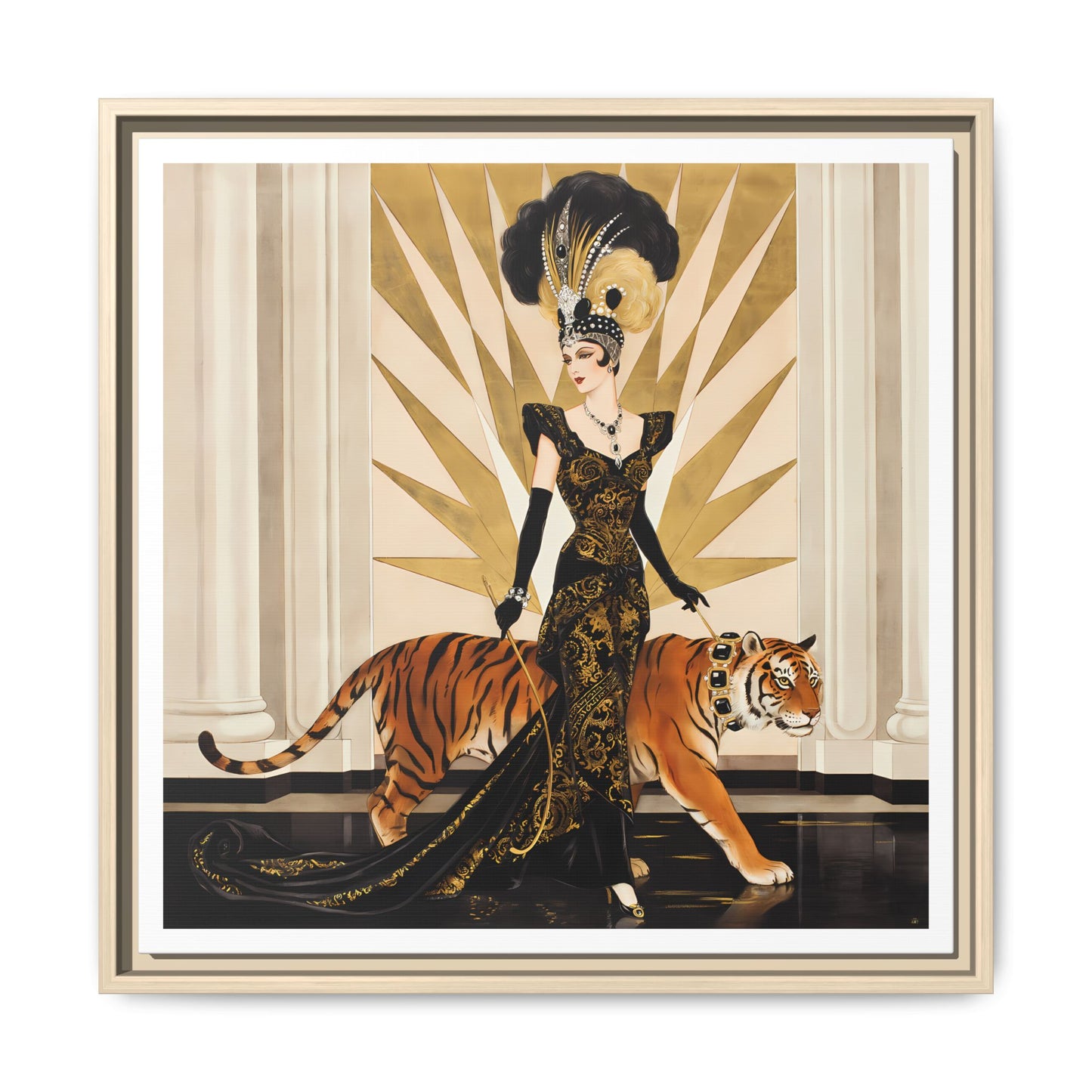 Art Deco Showgirl with Tiger Matte Canvas Framed Print