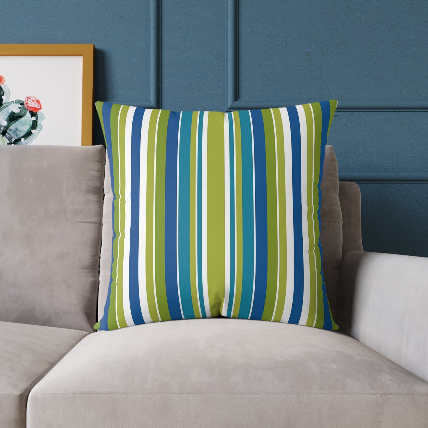 Blue Green White Vertical Stripe Square Pillow | Nautical Coastal Throw Cushion