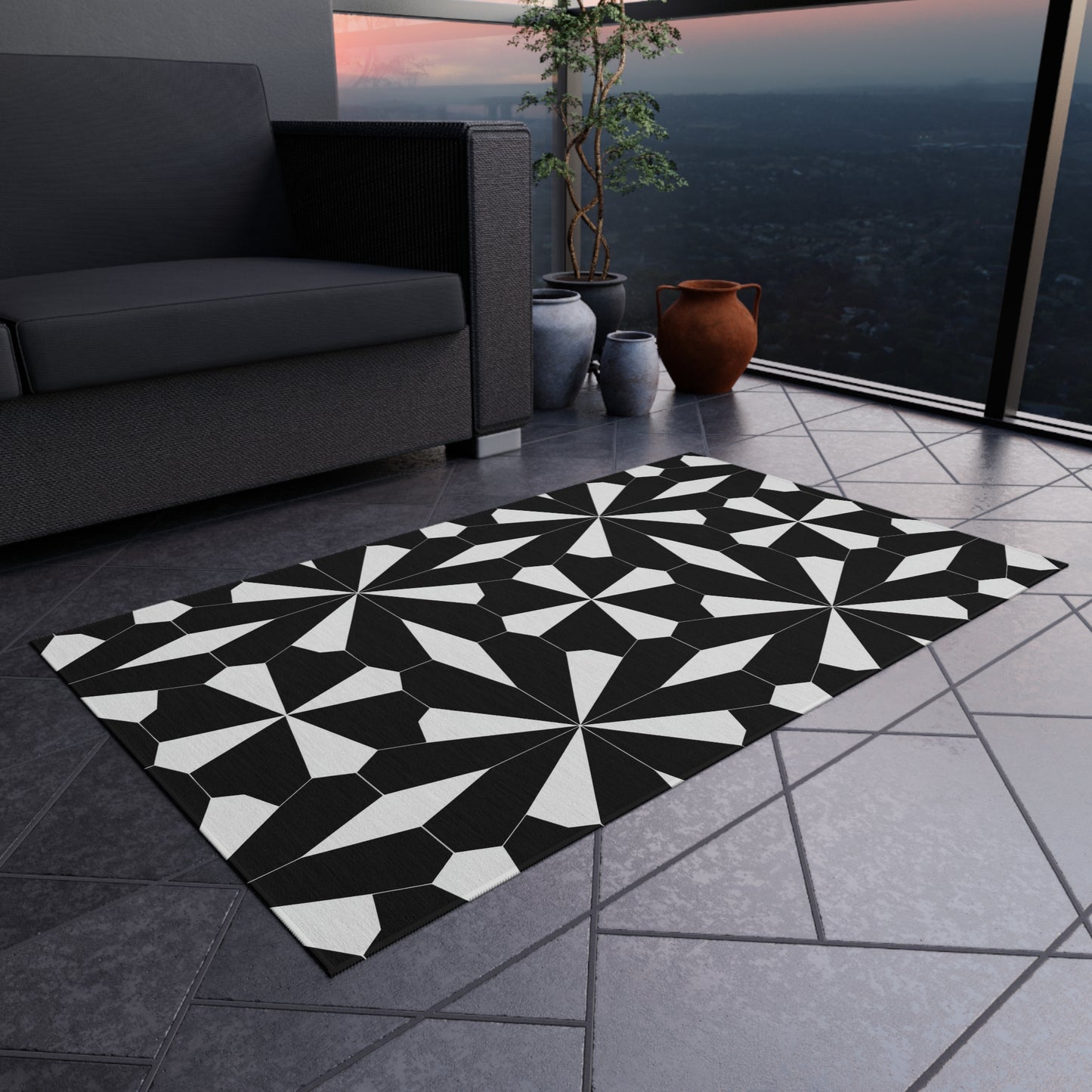 Geometric Black White Tile Pattern Outdoor/Indoor Rug | Modern Patio Mat