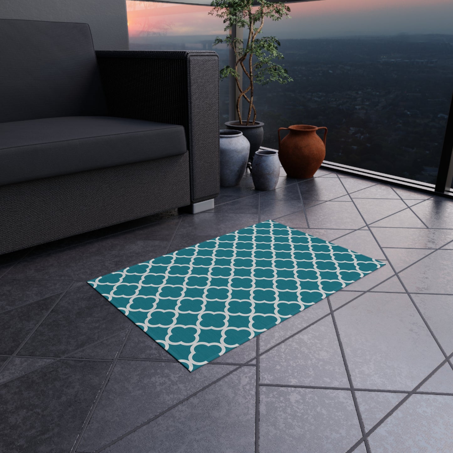 Teal Quatrefoil Outdoor/Indoor Rug | Patterned Patio Mat