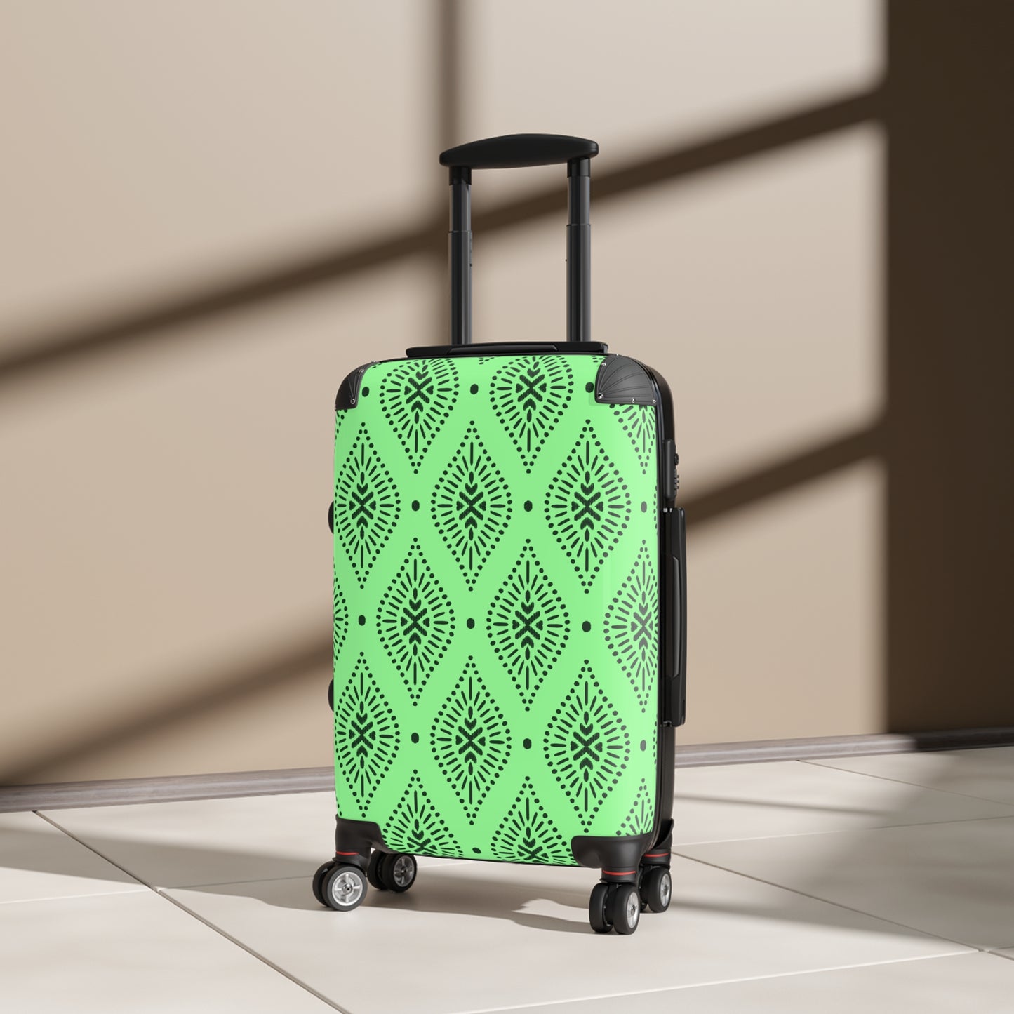 Lime Green and Black Moroccan Tile Pattern Suitcase | Boho Luggage Travel Accessory