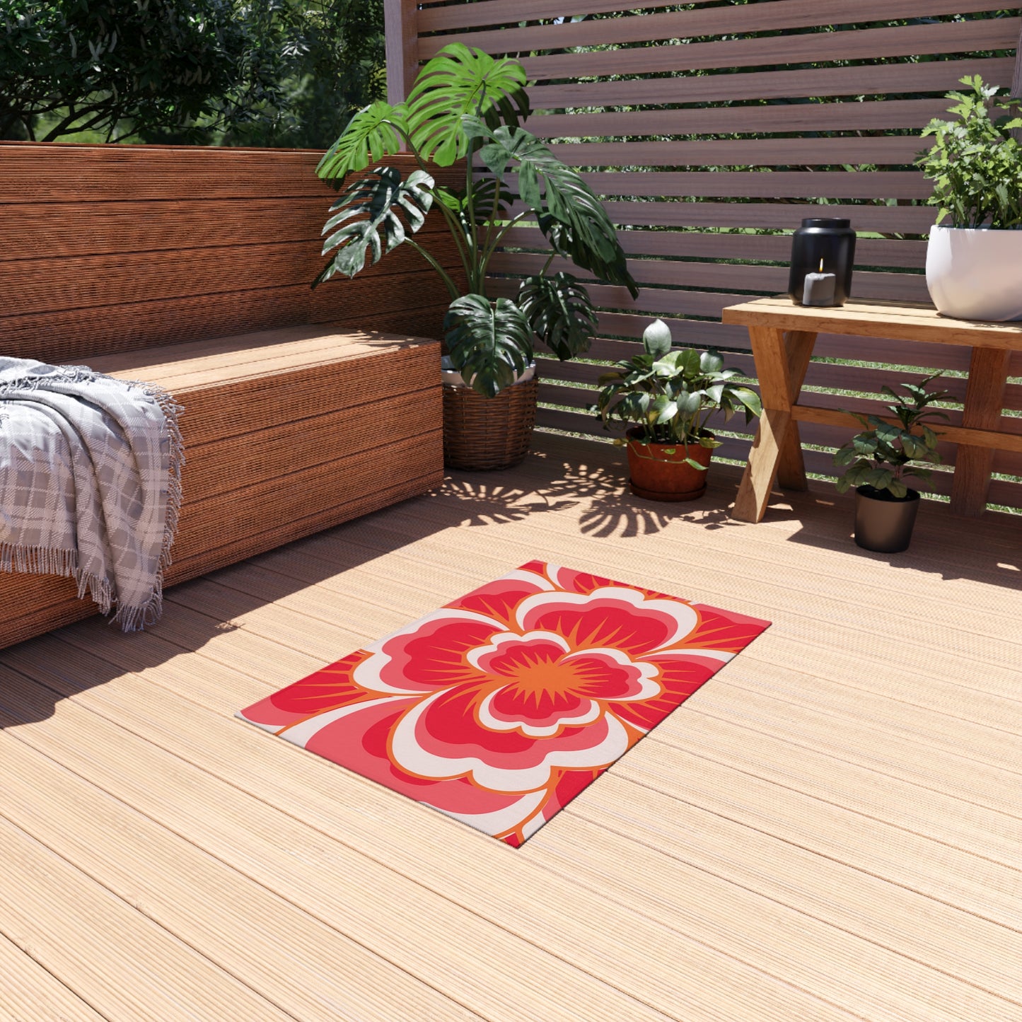 Bold Retro Floral Outdoor/Indoor Rug | Red Pink Hibiscus Pattern