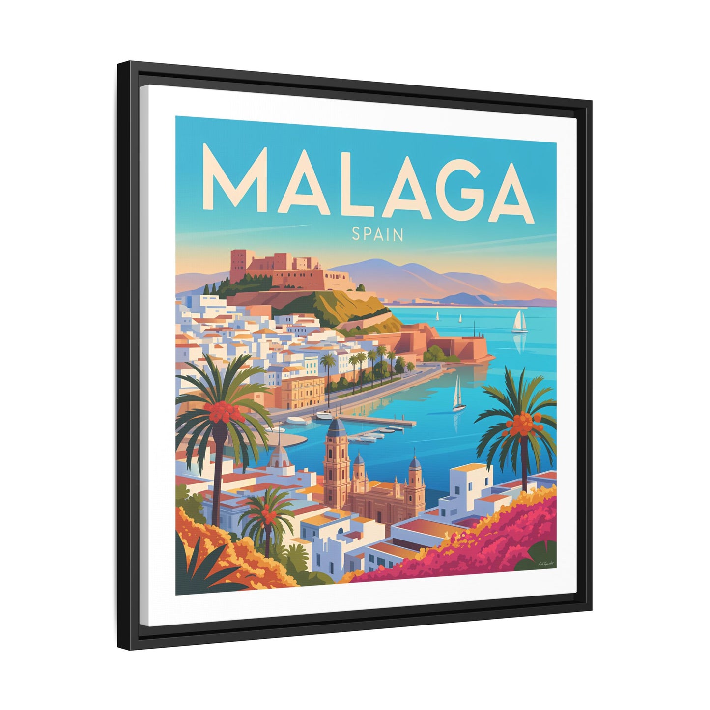 Malaga Spain Coastal  Matte Canvas Framed Wall Art| Vintage Style Travel Art