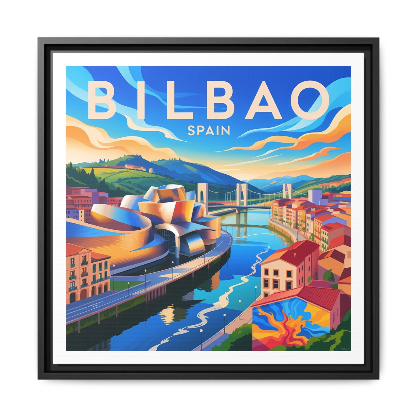 Bilbao Spain travel art Matte Canvas Framed | Bilbao cityscape wall art