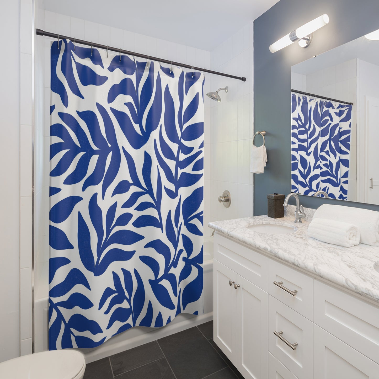 Blue Leaf Pattern Shower Curtain | Botanical Bathroom Decor Tropical Bathroom Accessory