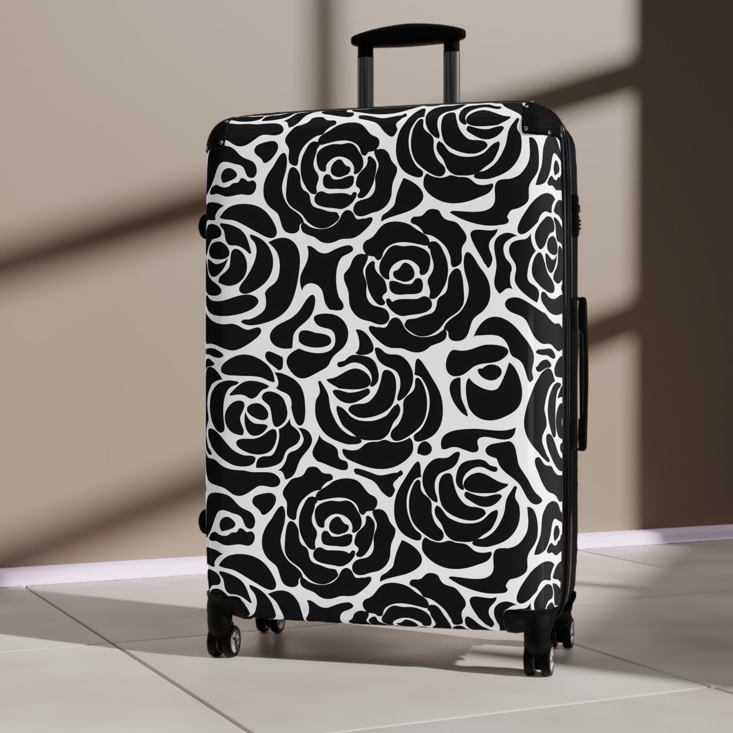 Black White Rose Pattern Suitcase | Floral Luggage