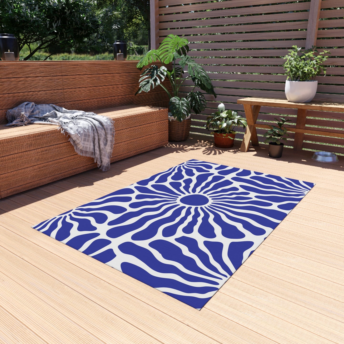 Blue White Radiant Floral Outdoor/Indoor Rug | Patio Mat, Water-Resistant Poolside