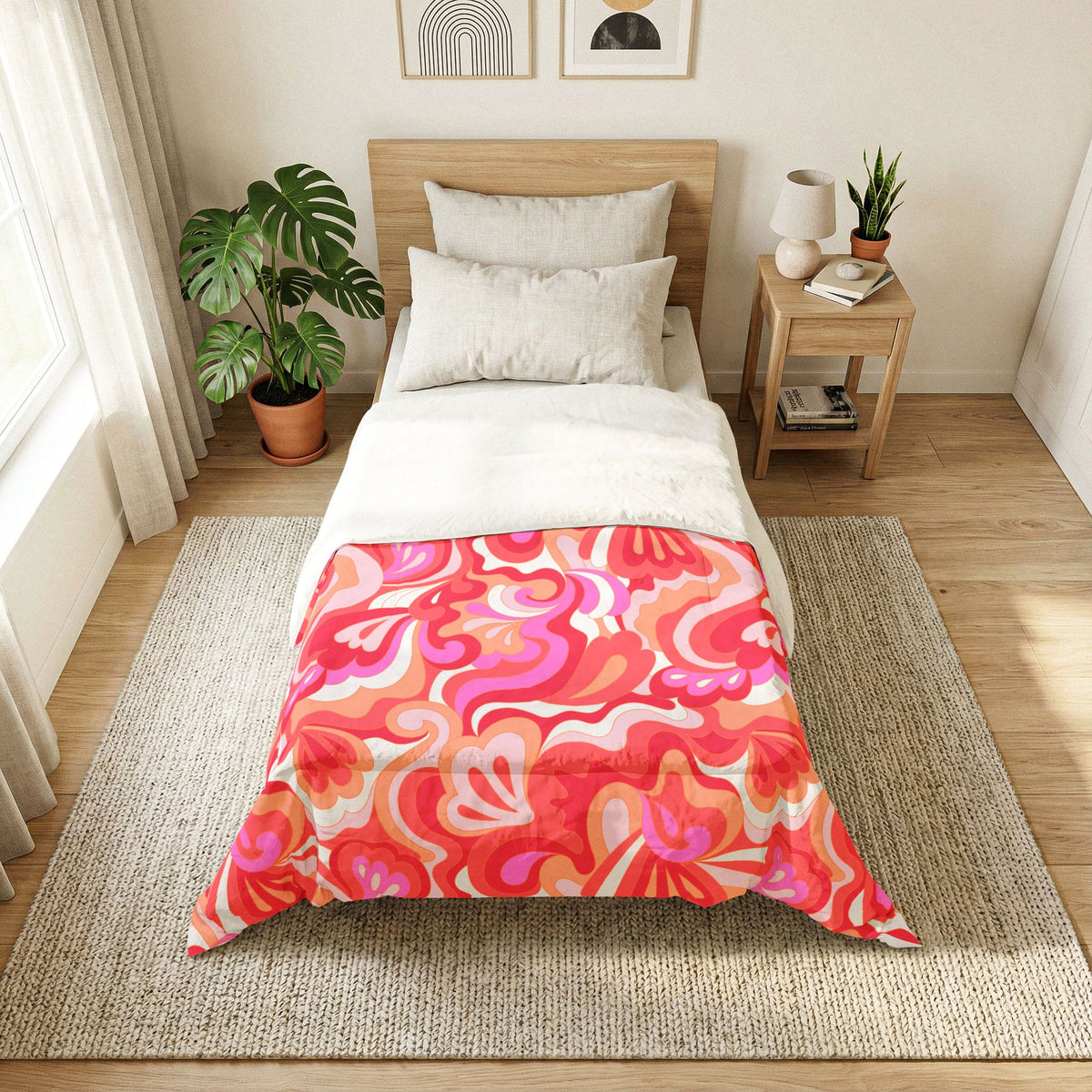 Retro Pink Red Orange Floral Swirl Cotton Comforter | Psychedelic Abstract Pattern