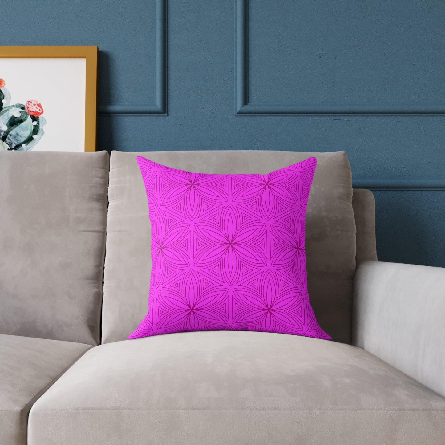Geometric Fuchsia Pink Floral Pattern Pillow | Square Poly Canvas Pillow
