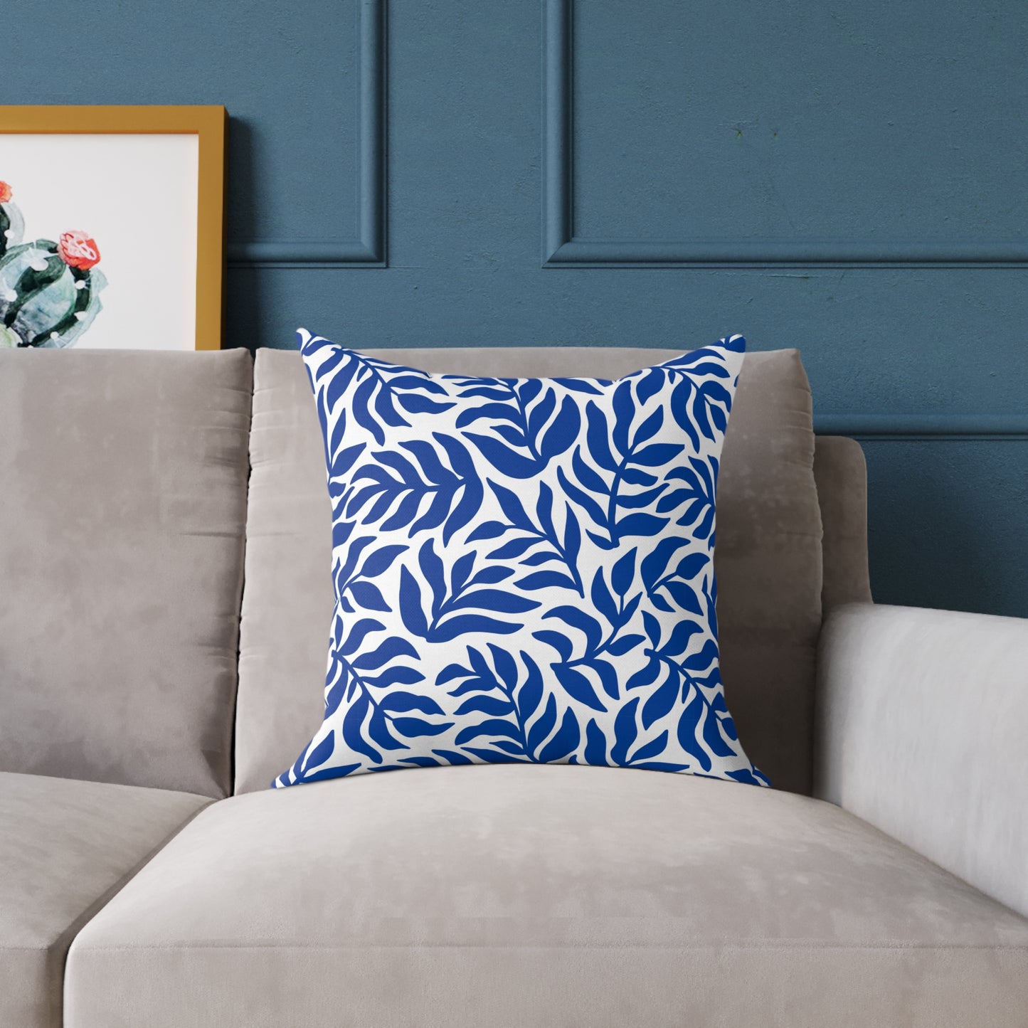 Blue White Leaf Pattern Square Pillow | Botanical Throw Pillow