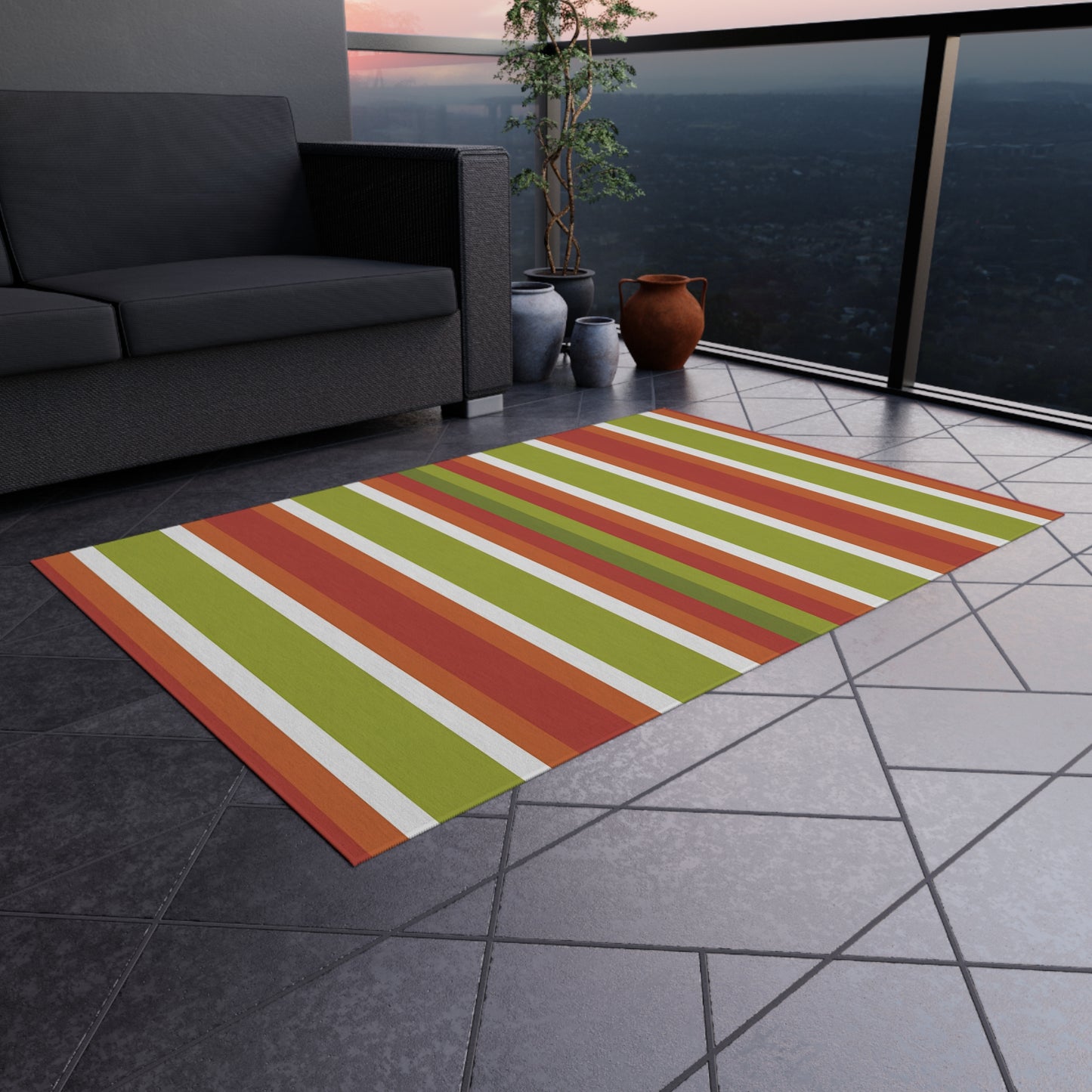 Green Orange White Stripe Outdoor Rug | Patio Door Mat, Weatherproof Porch Runner