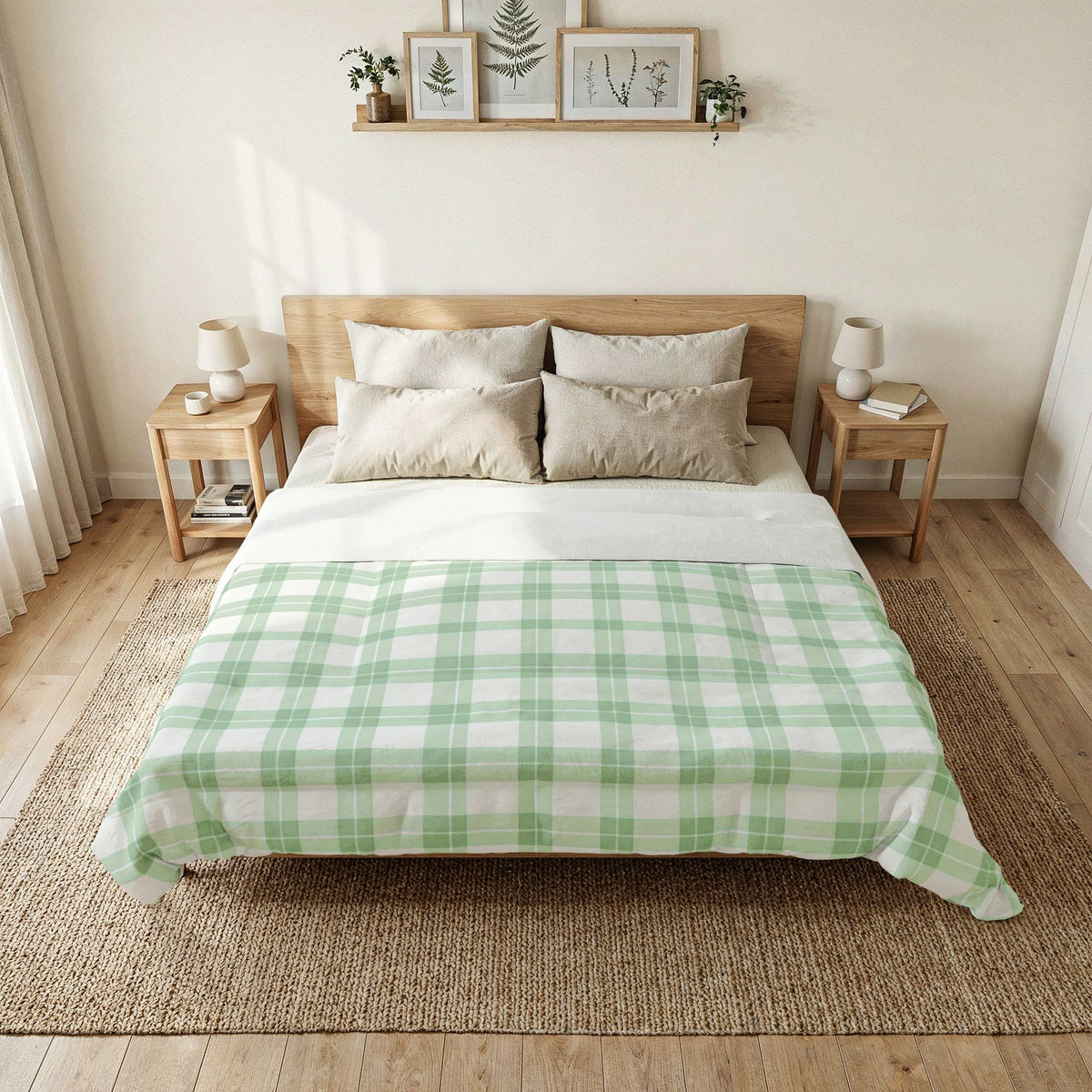 Green White Plaid Cotton Comforter | Pastel Check Bedding