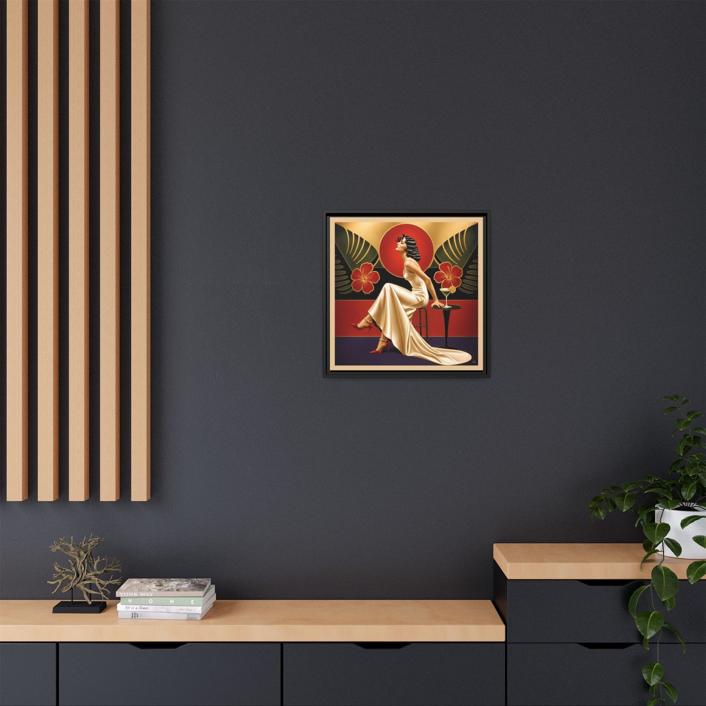Art Deco Lady Red Green Beige Tropical Canvas Framed Wall Art | Matte Print