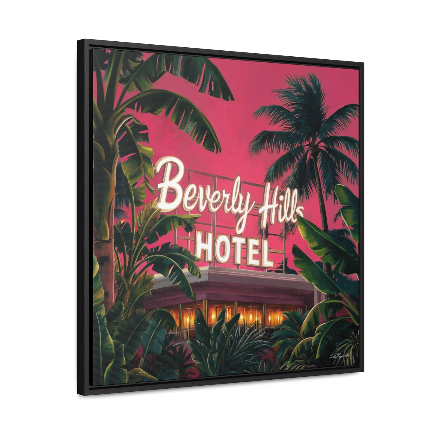 Square Frame Wall Art, Beverly Hills Hotel Retro Sign with Pink Sky and Palm Trees, Canvas Wrap, Home Decor, Gift for Her, Room Decoration