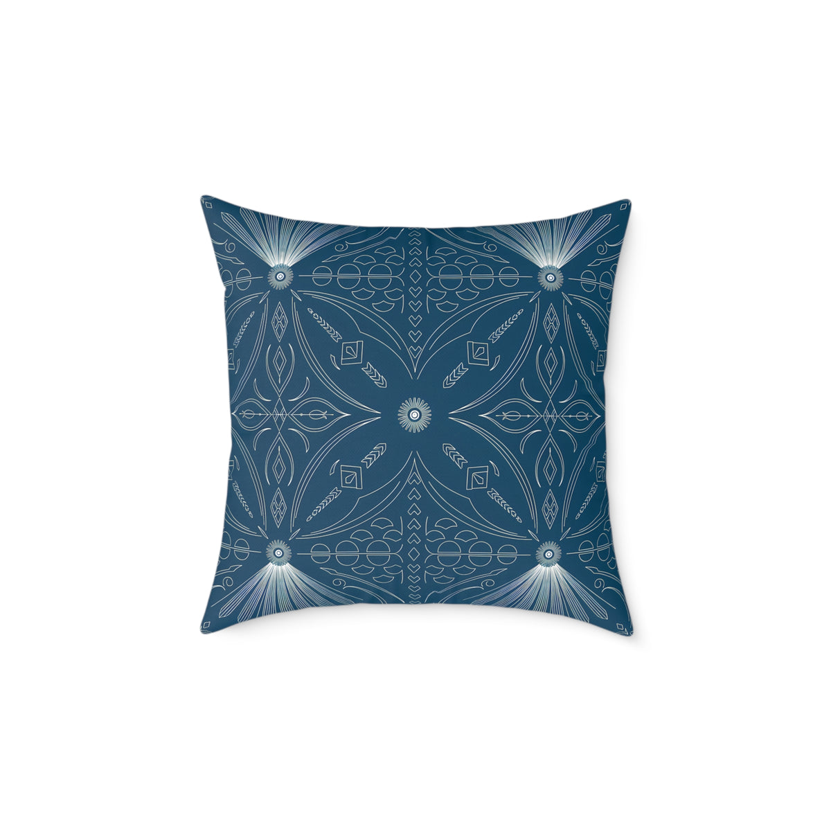 Cerulean White Geometric Mandala Square Poly Canvas Pillow | Boho Tile Pattern