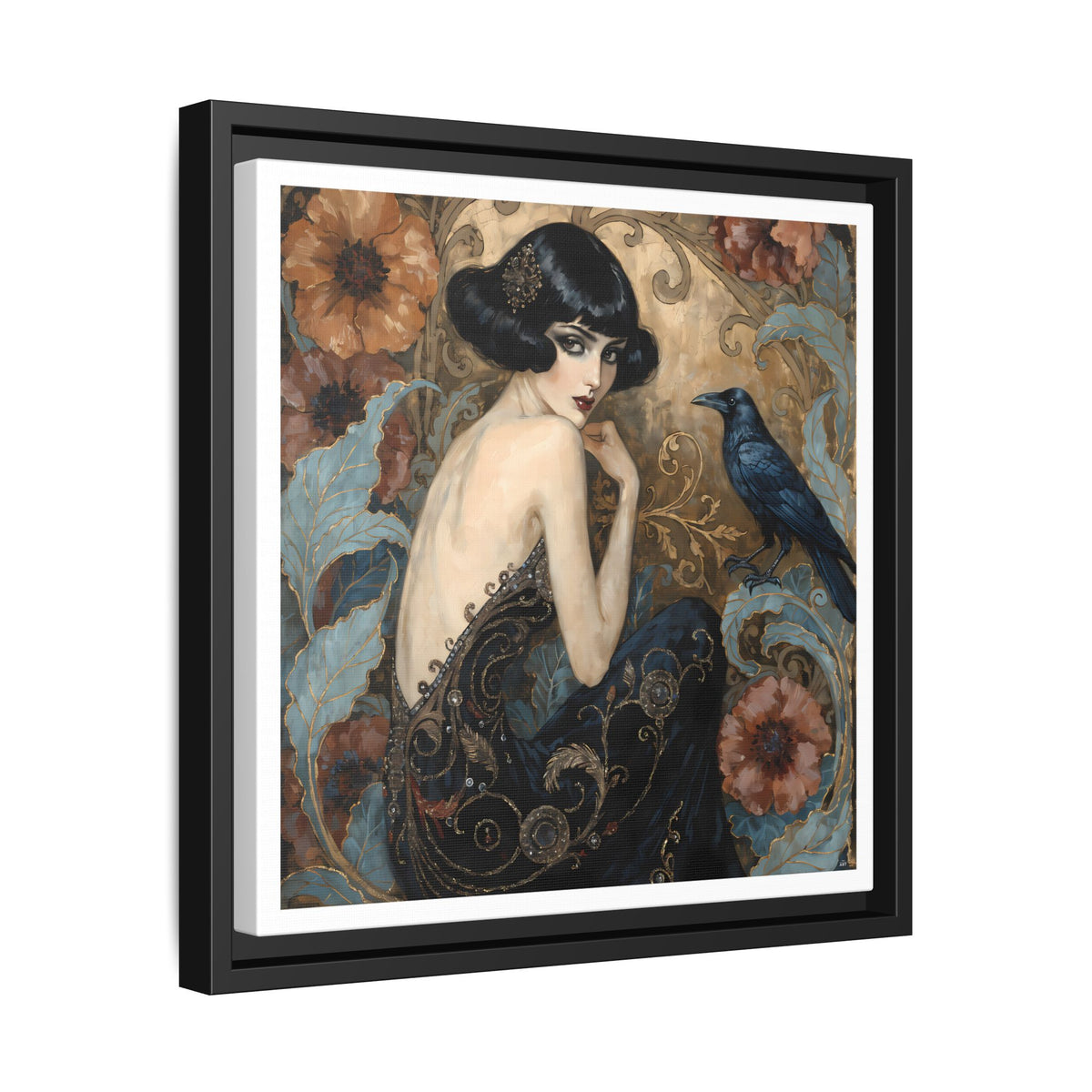 Art Deco Lady with Raven Matte Canvas Framed Wall Art | Vintage Floral Portrait