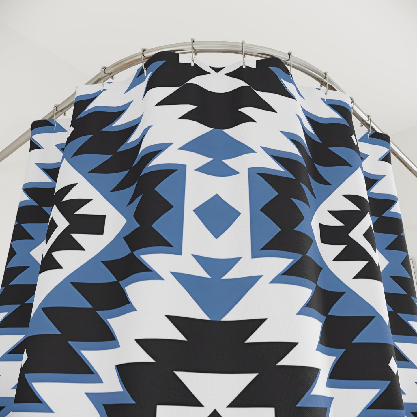 Geometric Pattern Shower Curtain, Boho Bathroom Decor, Modern Tribal Design, Blue and Black, Eco-Friendly Fabric - LOLA VEGAS ART