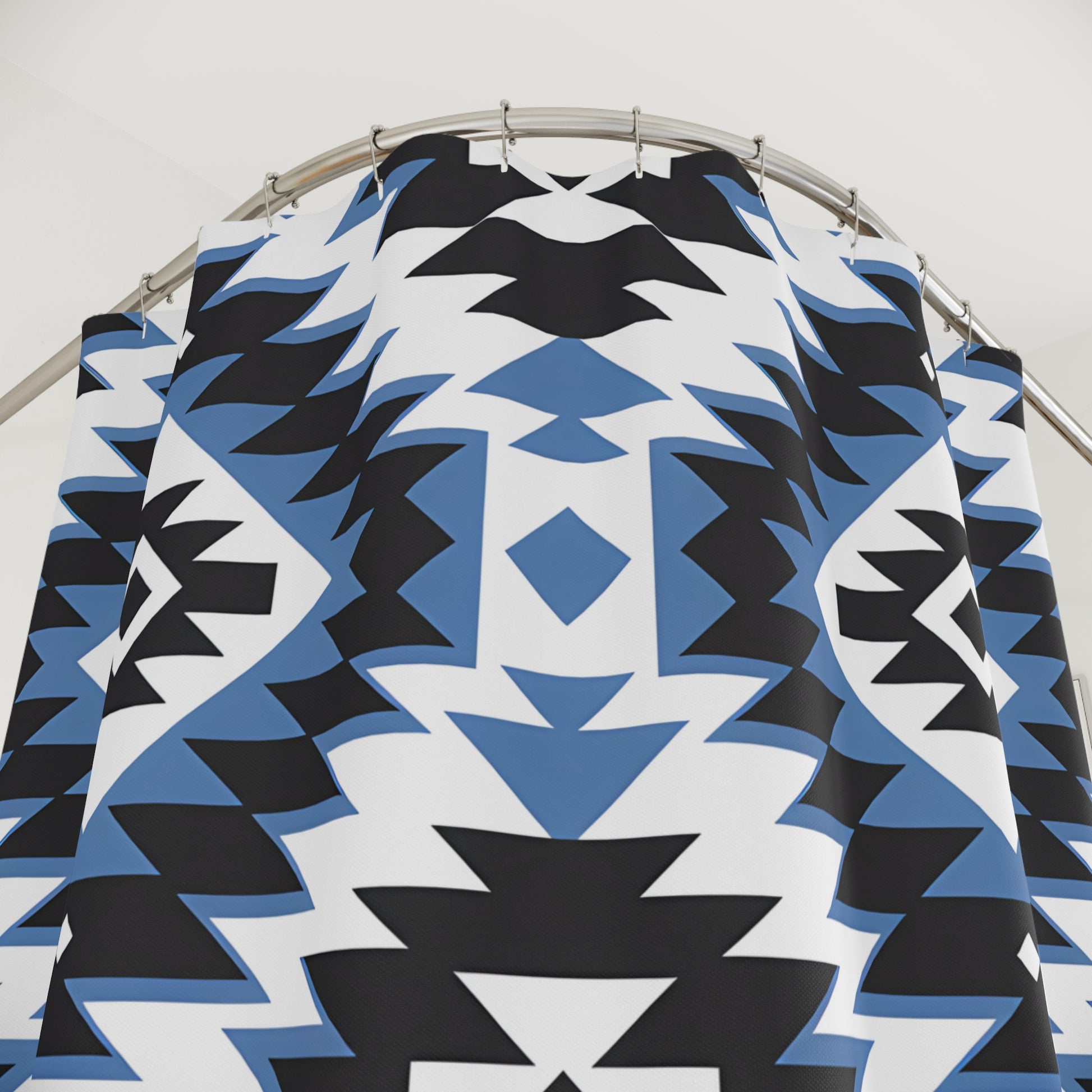 Geometric Pattern Shower Curtain, Boho Bathroom Decor, Modern Tribal Design, Blue and Black, Eco-Friendly Fabric - LOLA VEGAS ART