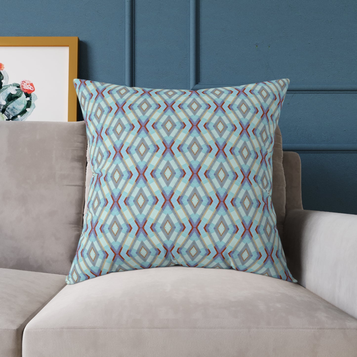 Geometric Diamond Pattern Square Pillow | Turquoise Blue Purple Dark Red Ikat Throw Pillow