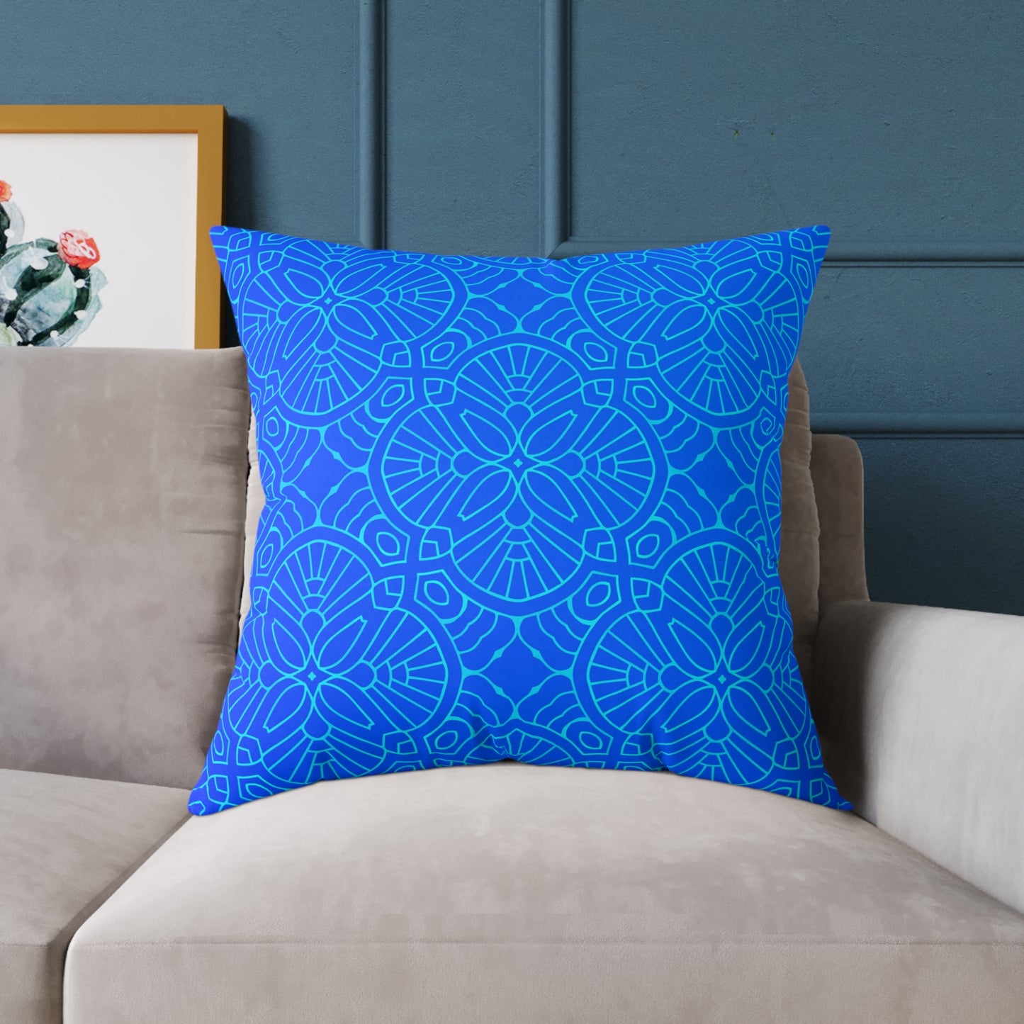 Blue Mandala Pattern Square Pillow | Geometric Decorative Cushion