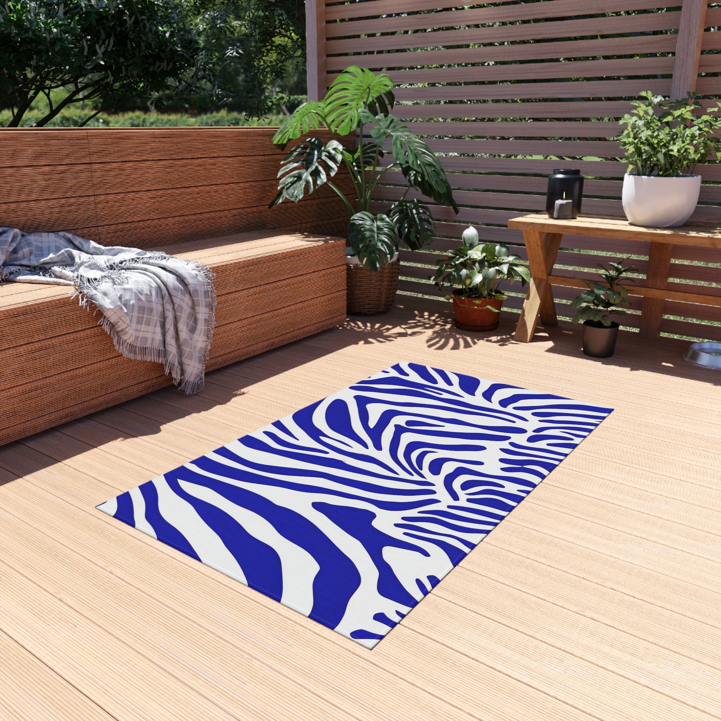 Blue White Zebra Print Outdoor/Indoor Rug | Bold Animal Stripe Patio Mat