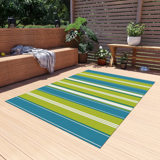 Blue Green White Stripe Outdoor/Indoor Rug | Patio Mat, Weather-Resistant