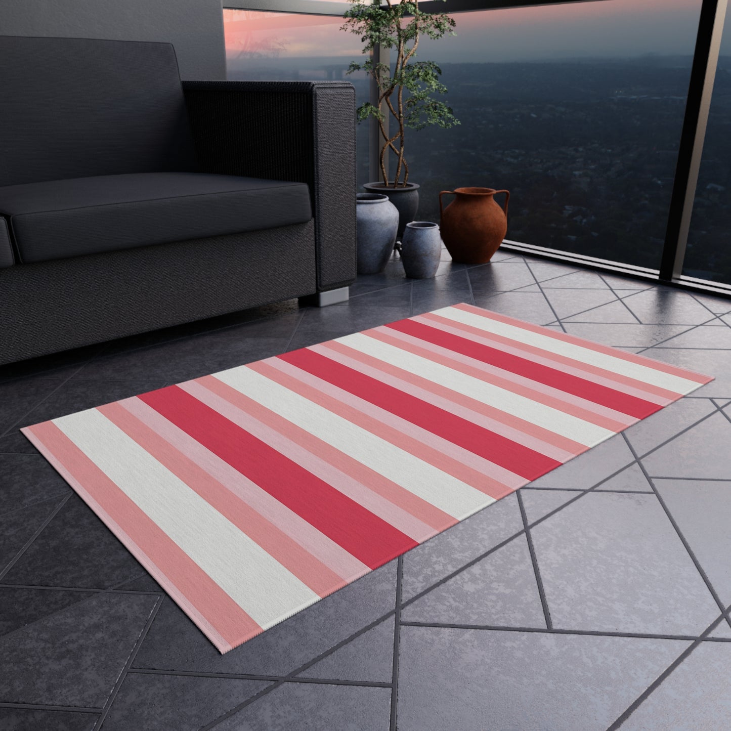 Pink White Striped Outdoor/Indoor Rug | Patio Mat, Red and Blush Stripes