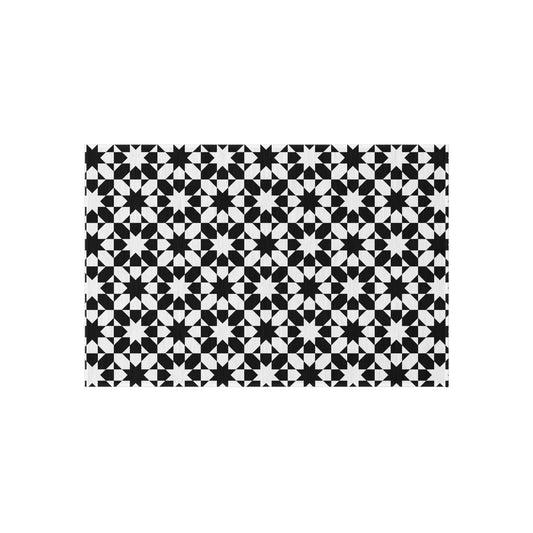 Black White Geometric Tile Pattern Indoor/Outdoor Rug | Modern Patio Mat