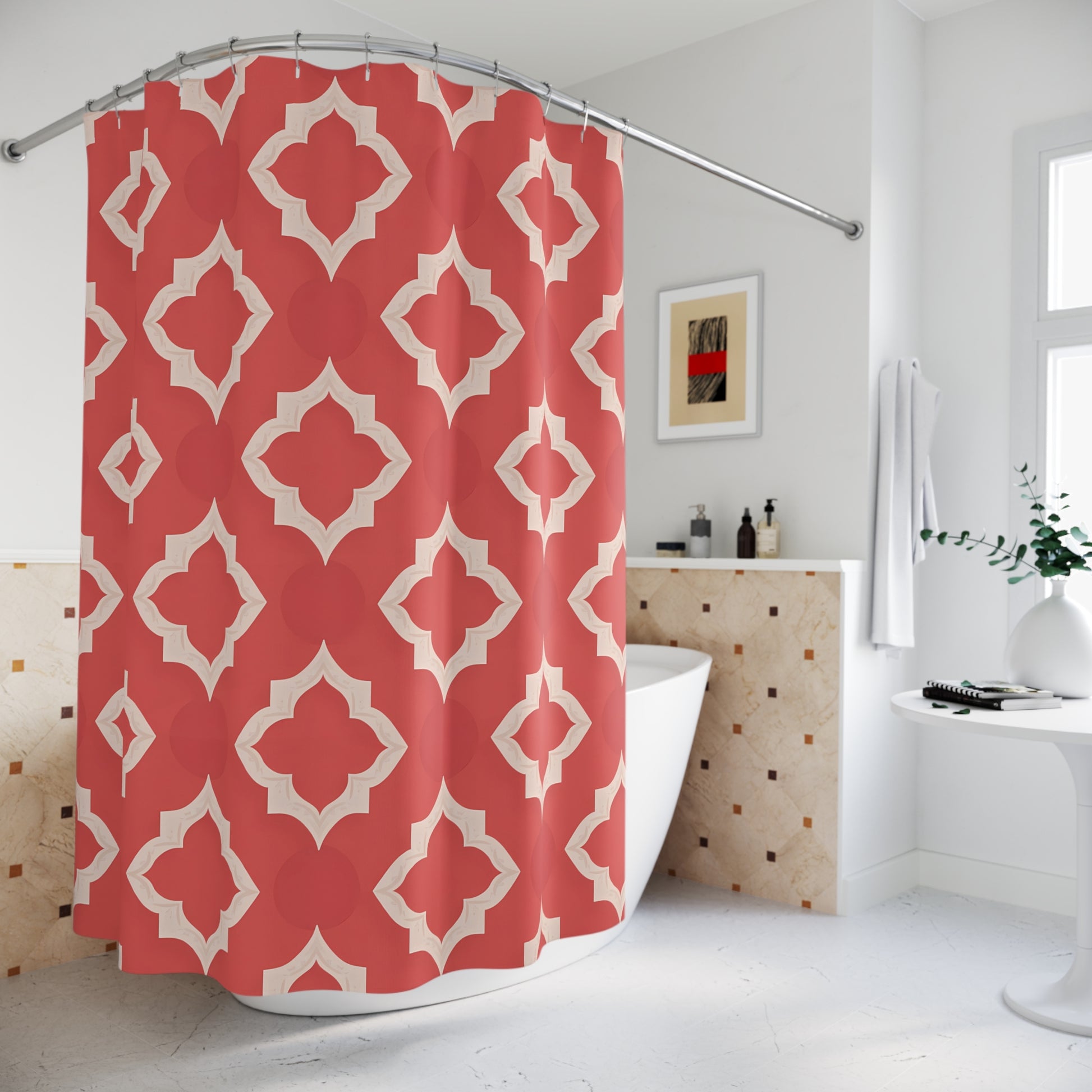 Vibrant Geometric Shower Curtain, Modern Bathroom Decor, Boho Style, Holiday Gift, Unique Home Accessory, Dark Orange Moroccan Quatrefoil - LOLA VEGAS ART