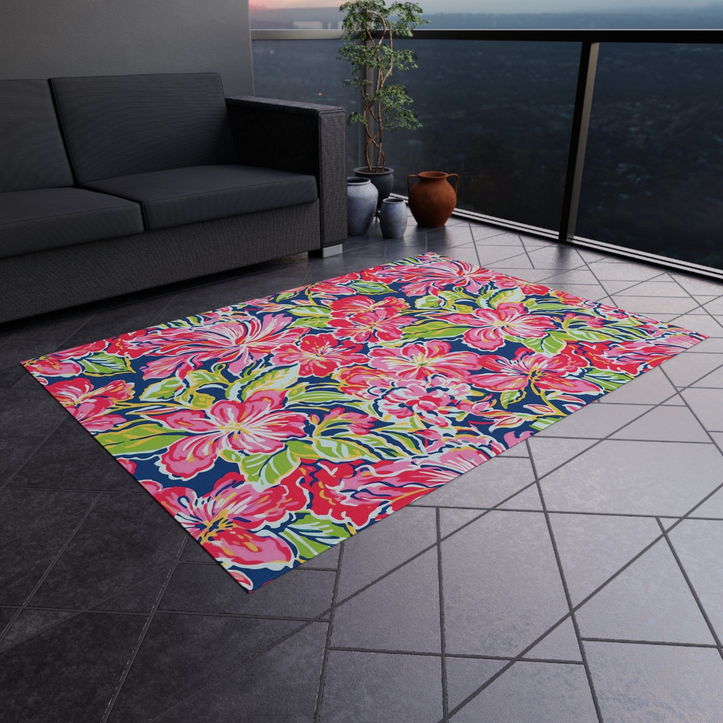 Pink Tropical Floral Indoor/Outdoor Rug | Hibiscus Pattern Patio Mat