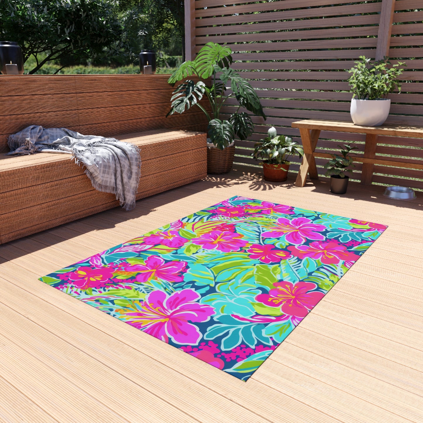 Tropical Hibiscus Floral Outdoor Rug | Bright Pink Teal Patio Mat